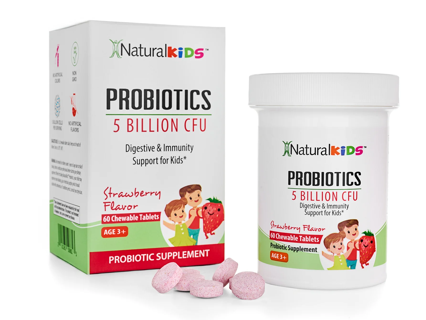 NaturalKids® PROBIOTICS™ Tabletas masticables 5 mil millones de UFC por porción | Probióticos en tableta masticable 60 tabletas masticables | Sabor Fresa - Image 4