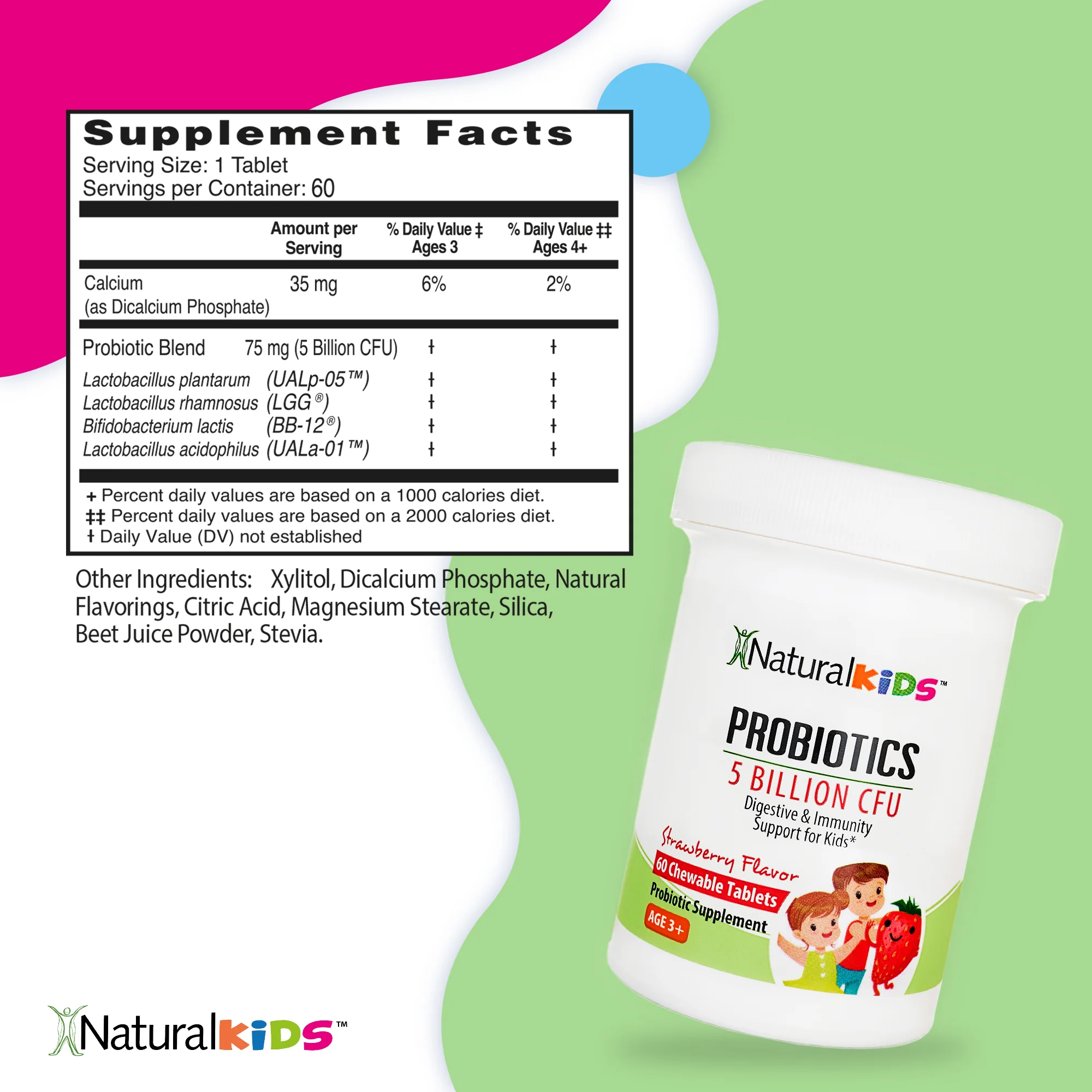 NaturalKids® PROBIOTICS™ Tabletas masticables 5 mil millones de UFC por porción | Probióticos en tableta masticable 60 tabletas masticables | Sabor Fresa - Image 6